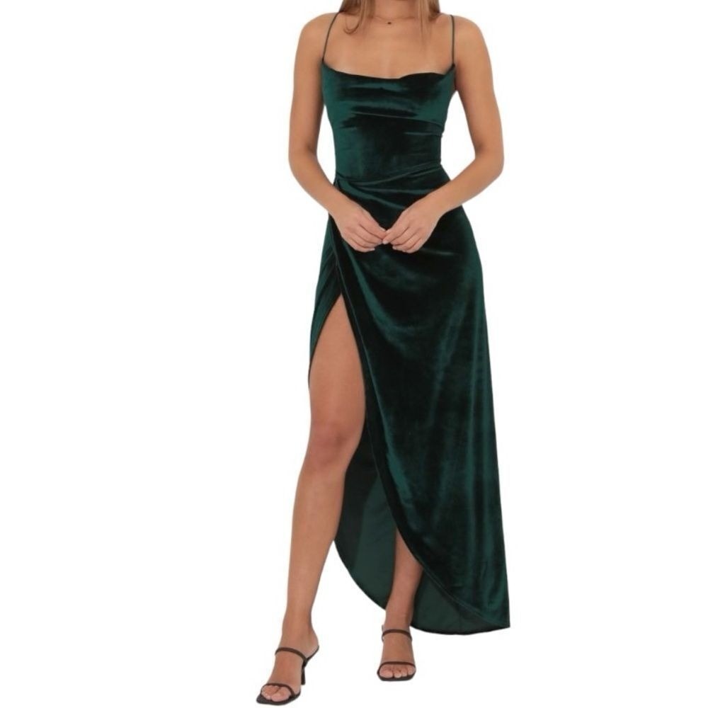 Lucy in the sky Gown Sz L Velvet Luxe Maxi Dress Dark Green Holiday Christmas
